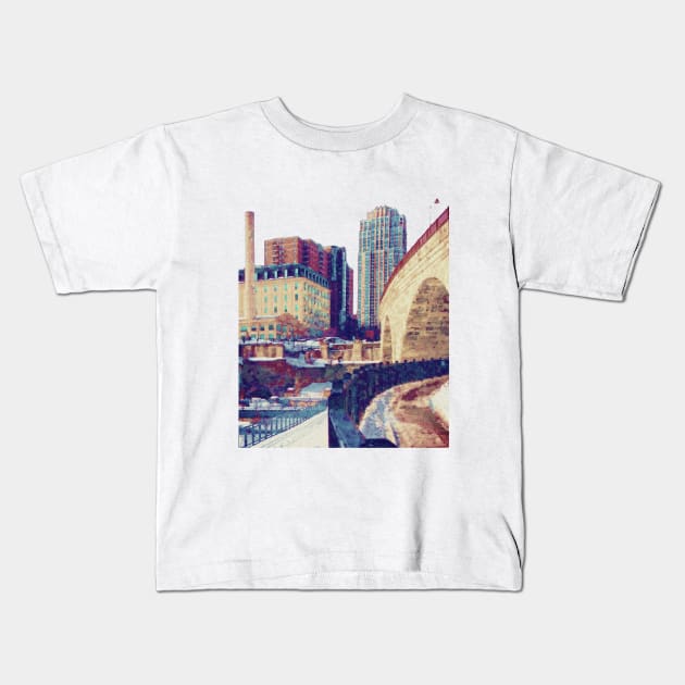 Minneapolis Skyline at the Stone Arch Bridge and Mill Ruins Park Kids T-Shirt by tonylonder